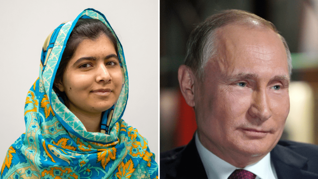Side by side image of Malala and Vladimir Putin