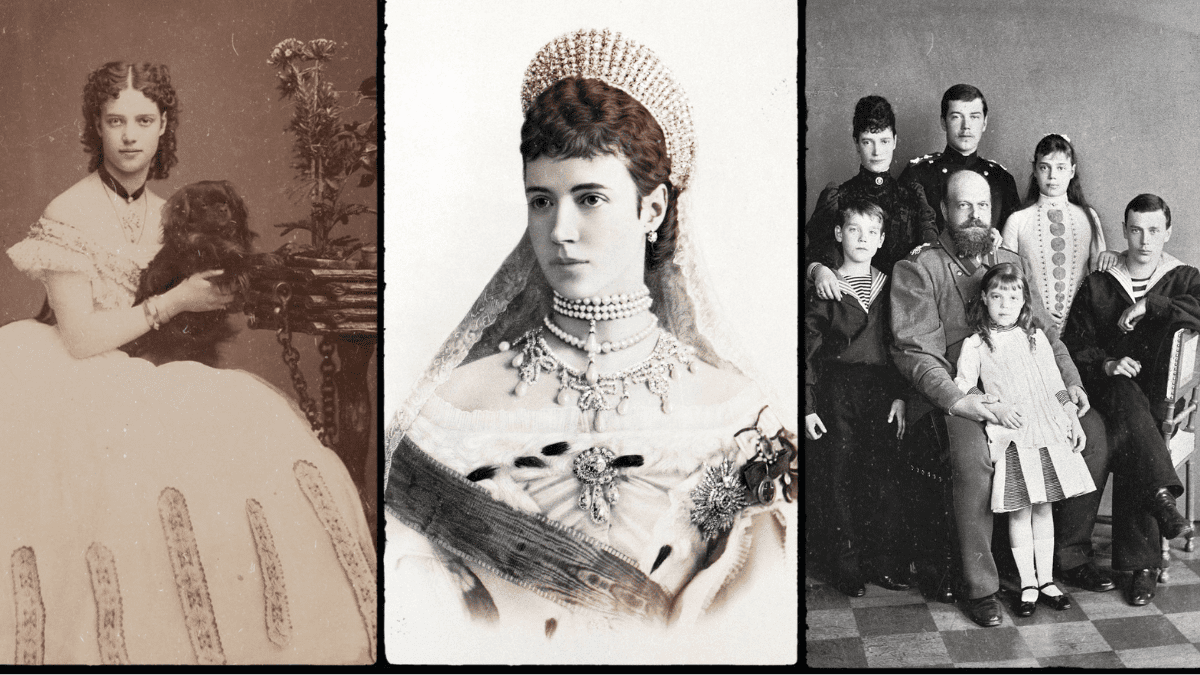 triptych of pictures of Marie Feodorovna as a young girl, empress, and with her husband and children