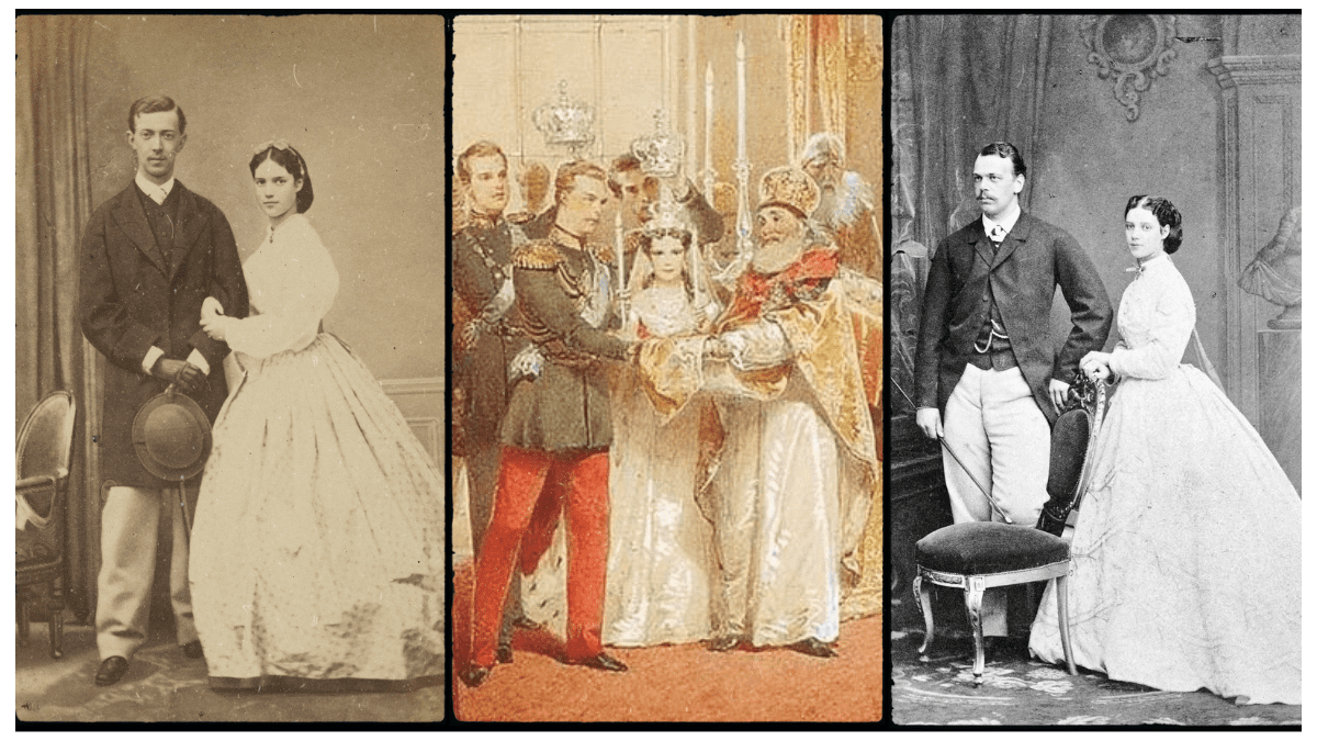 three fold picture of Marie Feodorovna, with Nixa, at her wedding to the tsarevich and with Alexander