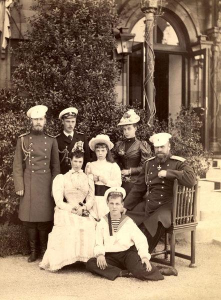The Empress and her family: from left: Tsarevich Nicholas, Grand Duke George, Marie, Grand Duchess Olga, Grand Duke Michael, Grand Duchess Xenia, Emperor Alexander III