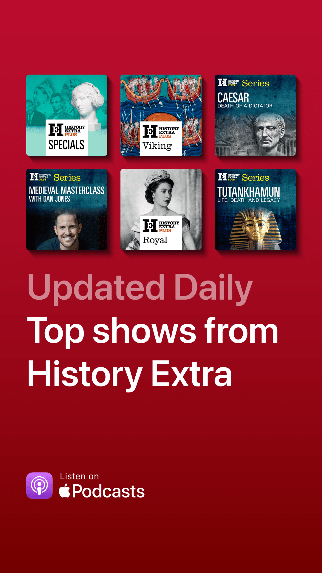 Red Rectangle with the History Extra podcast shows from the channel