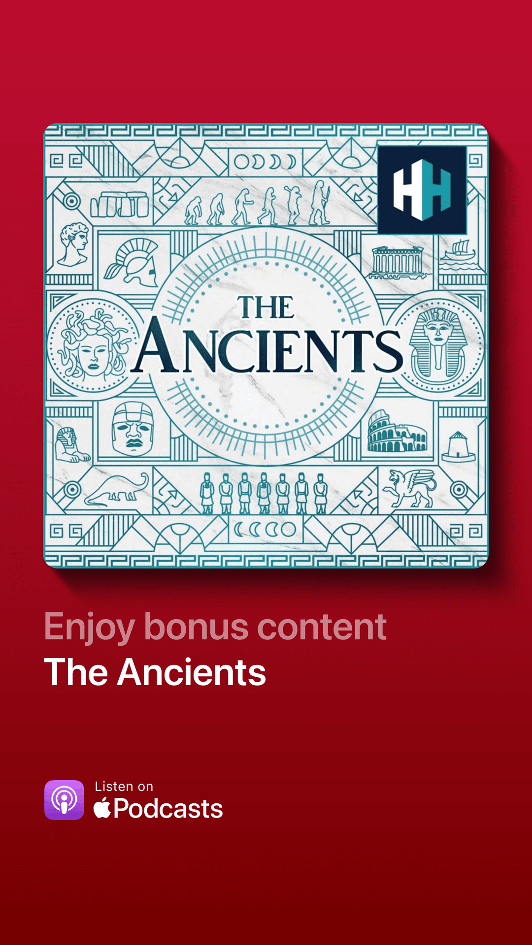 Red rectangle with The Ancients podcast branding