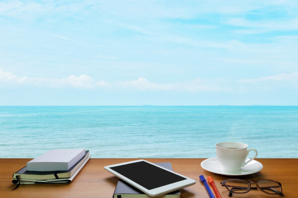 Sea,,Sky,And,White,Clouds.,Nature,,With,Coffee,Cup,,Tablet,