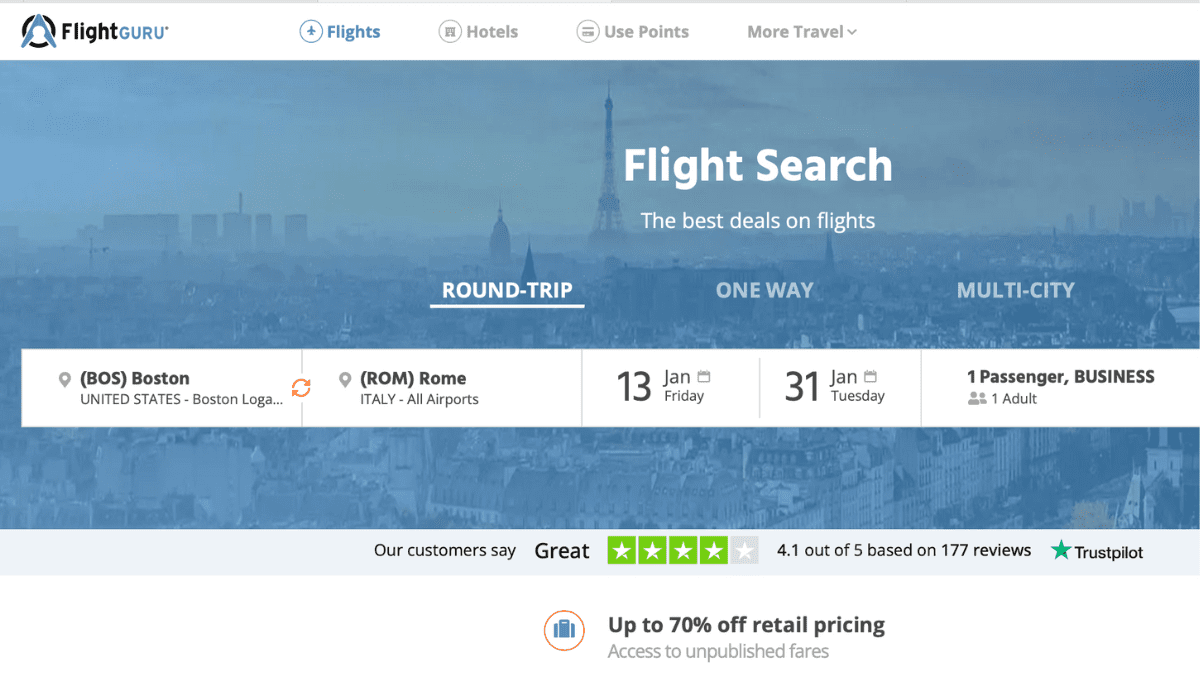Screen of Flight Guru's home page