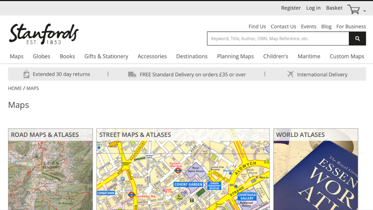 Home page of Stanford's map and travel book shop in London