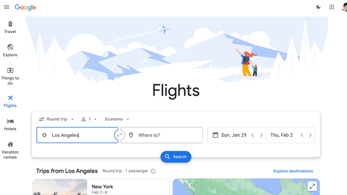 Home screen of Google Flights