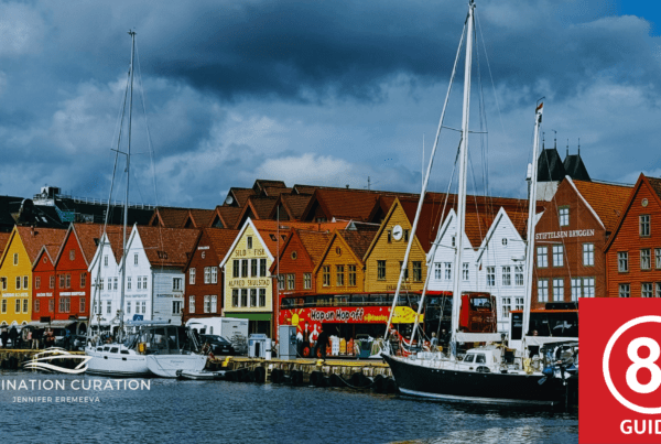 scene of Bergen Norway with wooden houses of the Bryggen Hanseatic Warf