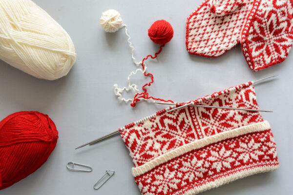 Girl,Knits,Red,And,White,Norwegian,Jacquard,Hat,Knitting,Needles