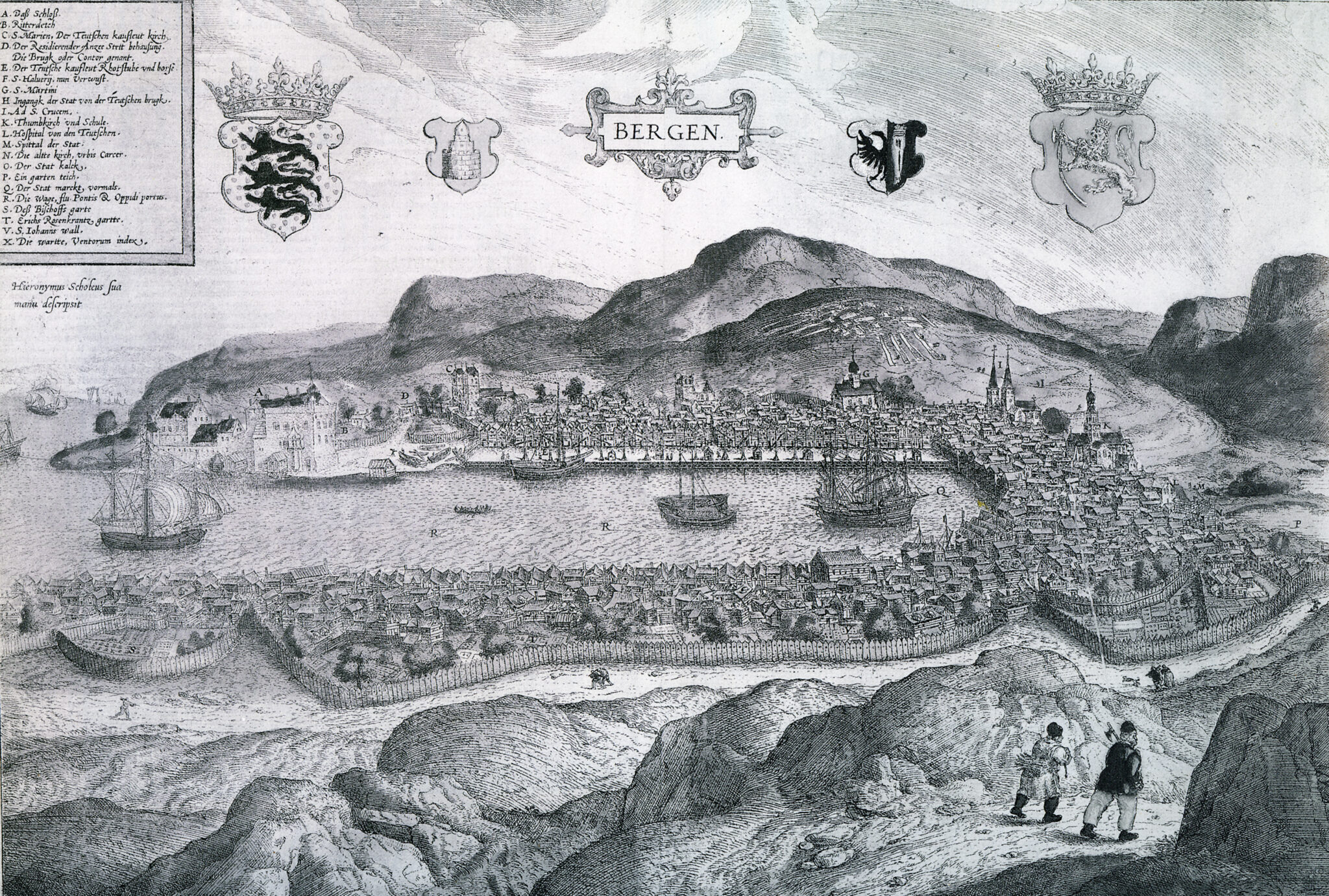 Old map of the city of Bergen's main harbor in black and white from 16th century